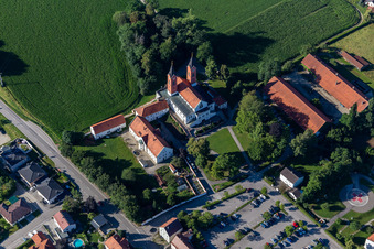 Aerial view of Pilgrimage Church of Maria Hilf in the district Thalham in Vilsbiburg in the state Bavaria, Germany