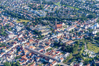 Aerial view of Town square and parish church of the Assumption of Mary in Vilsbiburg in the state Bavaria, Germany