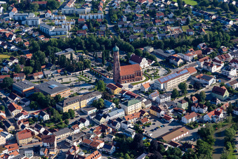 Aerial view of Parish Church of the Assumption of Mary and Middle School in Vilsbiburg in the state Bavaria, Germany
