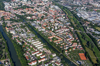 Aerial view of Hammerinsel between Isar and Kleiner Isar in Landshut in the state Bavaria, Germany