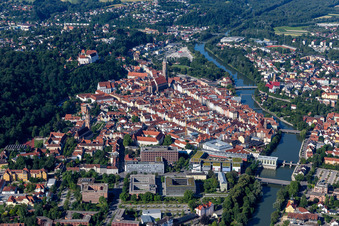Aerial view of New Town and Old Town Landshut in Landshut in the state Bavaria, Germany