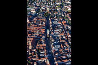 Aerial view of Historic old town with city tower Straubing on Theresienplatz in Straubing in the state Bavaria, Germany