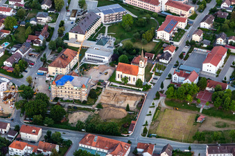 Aerial view of Church of the Annunciation and PhysioKlinik im Aitrachtal GmbH in the district Weichshofen in Mengkofen in the state Bavaria, Germany