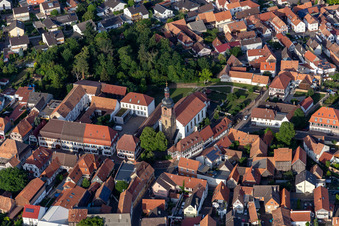 Aerial view of Parish Church of St. Michael in Rheinzabern in the state Rhineland-Palatinate, Germany