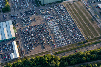 Aerial view of Mercedes-Benz Global Logistics Center on the island of Grün in Germersheim in the state Rhineland-Palatinate, Germany