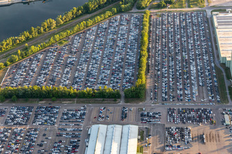 Aerial photograpy of Mercedes-Benz Global Logistics Center on the island of Grün in Germersheim in the state Rhineland-Palatinate, Germany