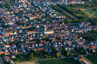 Aerial view of St. Martinus in Lingenfeld in the state Rhineland-Palatinate, Germany
