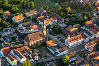 Oblique view of Christ Church - Protestant Parish Lustadt in the district Niederlustadt in Lustadt in the state Rhineland-Palatinate, Germany
