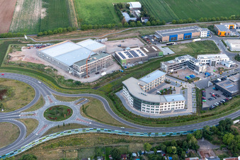 Business park at the exhibition center in the district Queichheim in Landau in der Pfalz in the state Rhineland-Palatinate, Germany seen from above