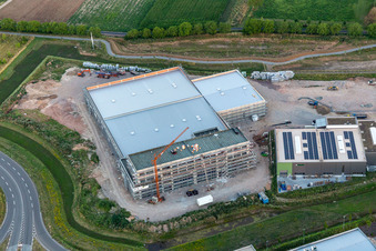 Business park at the exhibition center in the district Queichheim in Landau in der Pfalz in the state Rhineland-Palatinate, Germany from the plane
