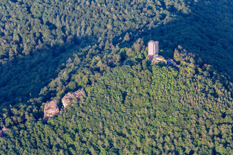 Aerial view of Scharfenberg castle ruins with scaffolding in Leinsweiler in the state Rhineland-Palatinate, Germany