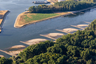 Aerial photograpy of Dry groynes and sandbanks in the Rhine due to low water in Neupotz in the state Rhineland-Palatinate, Germany