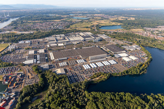 Oblique view of Daimler Truck AG, Mercedes-Benz Wörth plant in Wörth am Rhein in the state Rhineland-Palatinate, Germany