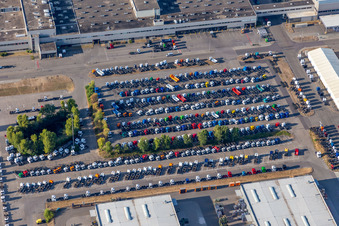 Parked new trucks at the Mercedes-Benz plant in Wörth of Daimler Truck AG in the district Maximiliansau in Wörth am Rhein in the state Rhineland-Palatinate, Germany