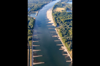 Dry groynes and sandbanks in the Rhine due to low water in the district Maximiliansau in Wörth am Rhein in the state Rhineland-Palatinate, Germany
