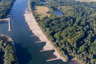 Aerial view of Dry groynes and sandbanks in the Rhine due to low water in the district Maximiliansau in Wörth am Rhein in the state Rhineland-Palatinate, Germany