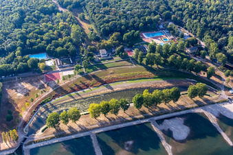 Rhine beach resort Rappenwört in the district Daxlanden in Karlsruhe in the state Baden-Wuerttemberg, Germany from above