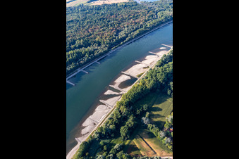 Dry groynes and sandbanks in the Rhine due to low water in Hagenbach in the state Rhineland-Palatinate, Germany