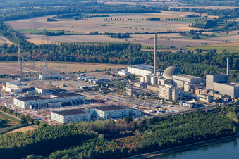 Aerial view of TransnetBW GmbH, direct current substation on the site of the decommissioned nuclear power plant Philippsburg in Philippsburg in the state Baden-Wuerttemberg, Germany