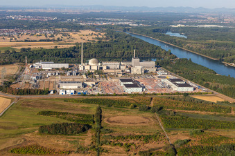 TransnetBW GmbH, direct current substation on the site of the decommissioned nuclear power plant Philippsburg in Philippsburg in the state Baden-Wuerttemberg, Germany seen from above