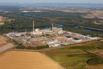 TransnetBW GmbH, direct current substation on the site of the decommissioned nuclear power plant Philippsburg in Philippsburg in the state Baden-Wuerttemberg, Germany from the plane