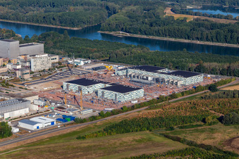 Bird's eye view of TransnetBW GmbH, direct current substation on the site of the decommissioned nuclear power plant Philippsburg in Philippsburg in the state Baden-Wuerttemberg, Germany