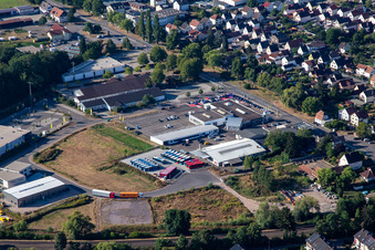 Aerial view of Lauterburger Straße commercial area in Kandel in the state Rhineland-Palatinate, Germany