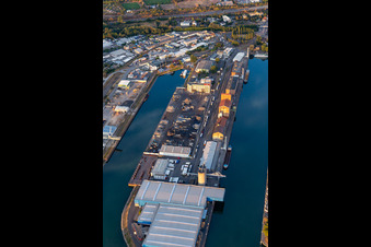 Werftstraße in the Karlsruhe Rhine ports from the west in the district Mühlburg in Karlsruhe in the state Baden-Wuerttemberg, Germany
