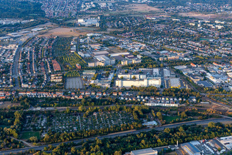 Aerial view of Siemens AG, Branch Karlsruhe in the district Knielingen in Karlsruhe in the state Baden-Wuerttemberg, Germany