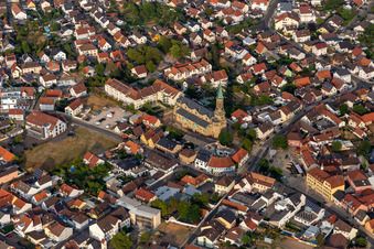 Aerial view of Catholic Parish Church of St. Barbara in Forst in the state Baden-Wuerttemberg, Germany