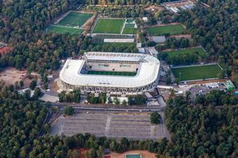 Aerial view of New construction site of the Wildparkstadion of Karlsruher Sport-Club GmbH & Co. KGaA in the district Innenstadt-Ost in Karlsruhe in the state Baden-Wuerttemberg, Germany
