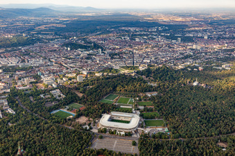 Aerial photograpy of New construction site of the Wildparkstadion of Karlsruher Sport-Club GmbH & Co. KGaA in the district Innenstadt-Ost in Karlsruhe in the state Baden-Wuerttemberg, Germany