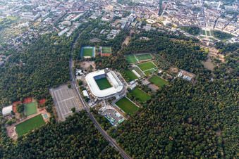 New construction site of the Wildparkstadion of Karlsruher Sport-Club GmbH & Co. KGaA in the district Innenstadt-Ost in Karlsruhe in the state Baden-Wuerttemberg, Germany seen from above