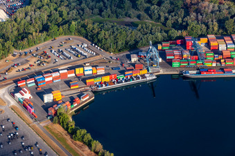 Aerial photograpy of Contargo Wörth-Karlsruhe GmbH in the container port in the district Maximiliansau in Wörth am Rhein in the state Rhineland-Palatinate, Germany