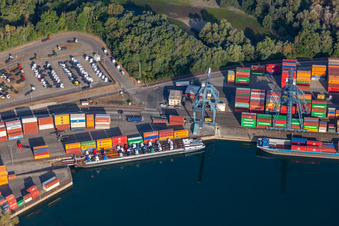 Oblique view of Contargo Wörth-Karlsruhe GmbH in the container port in the district Maximiliansau in Wörth am Rhein in the state Rhineland-Palatinate, Germany