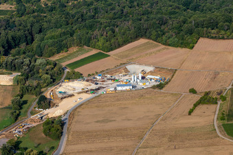 Drone image of Construction site of the eastern tunnel portal for the Astrid Tunnel for the underpass and bypass of Bad Bergzabern between B38 (Weinstraße) and B427 (Kurtalstraße) in Dörrenbach in the state Rhineland-Palatinate, Germany
