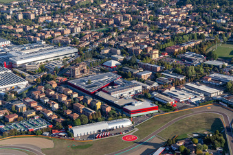 Formula 1 race track of Ferrari, Pista di Fiorano, Circuito di Fiorano in Fiorano Modenese in the state Modena, Italy from the plane