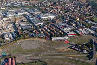 Bird's eye view of Formula 1 race track of Ferrari, Pista di Fiorano, Circuito di Fiorano in Fiorano Modenese in the state Modena, Italy