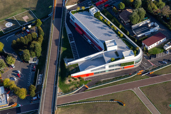 Drone recording of Formula 1 race track of Ferrari, Pista di Fiorano, Circuito di Fiorano in Fiorano Modenese in the state Modena, Italy