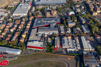 Drone image of Formula 1 race track of Ferrari, Pista di Fiorano, Circuito di Fiorano in Fiorano Modenese in the state Modena, Italy