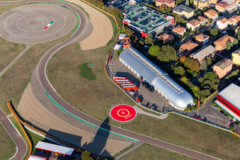 Formula 1 race track of Ferrari, Pista di Fiorano, Circuito di Fiorano in Fiorano Modenese in the state Modena, Italy from a drone