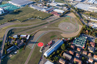 Oblique view of Formula 1 race track of Ferrari, Pista di Fiorano, Circuito di Fiorano in Fiorano Modenese in the state Modena, Italy