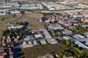 Aerial view of Formula 1 race track of Ferrari, Pista di Fiorano, Circuito di Fiorano in Maranello in the state Modena, Italy