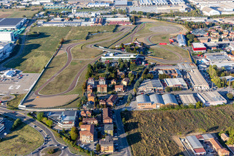 Aerial photograpy of Formula 1 race track of Ferrari, Pista di Fiorano, Circuito di Fiorano in Maranello in the state Modena, Italy