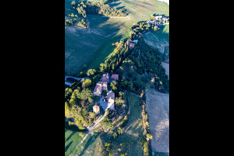 Aerial view of Castle of Nirano in the district Nirano in Fiorano Modenese in the state Modena, Italy