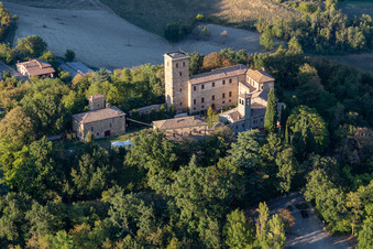 Aerial view of Montegibbio Castle Castello di Montegibbio in the district Il Poggio in Sassuolo in the state Modena, Italy