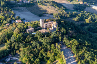 Aerial photograpy of Montegibbio Castle Castello di Montegibbio in the district Il Poggio in Sassuolo in the state Modena, Italy