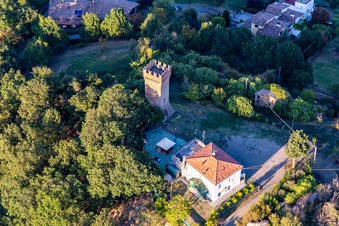 Aerial view of Castle of Dinazzano in the district Veggia-Villalunga in Casalgrande in the state Reggio Emilia, Italy