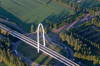 Aerial view of Vela di Calatrava NORD bridge over the high-speed rail line and Autostrada del Sole in Reggio nell’Emilia in the state Reggio Emilia, Italy