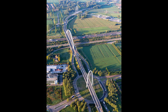 Aerial view of Bridges Ponte di Calatrava, Vela di Calatrava NORTH and SOUTH over the high-speed rail line and Autostrada del Sole in Reggio nell’Emilia in the state Reggio Emilia, Italy